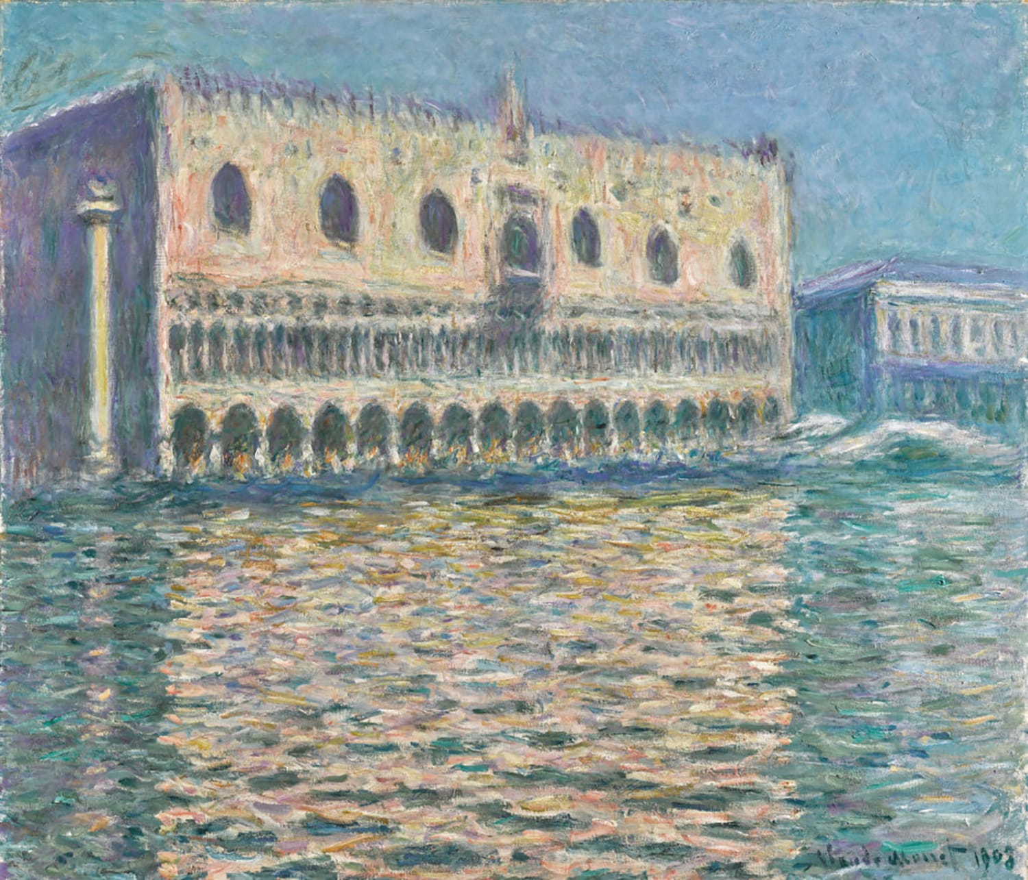 Impressionist painting of a grand waterfront palace, reflecting sunlight on water, by Claude Monet in 1908.