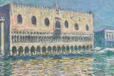 Monet painting of a grand palace with arches, reflecting on calm water under a clear sky.