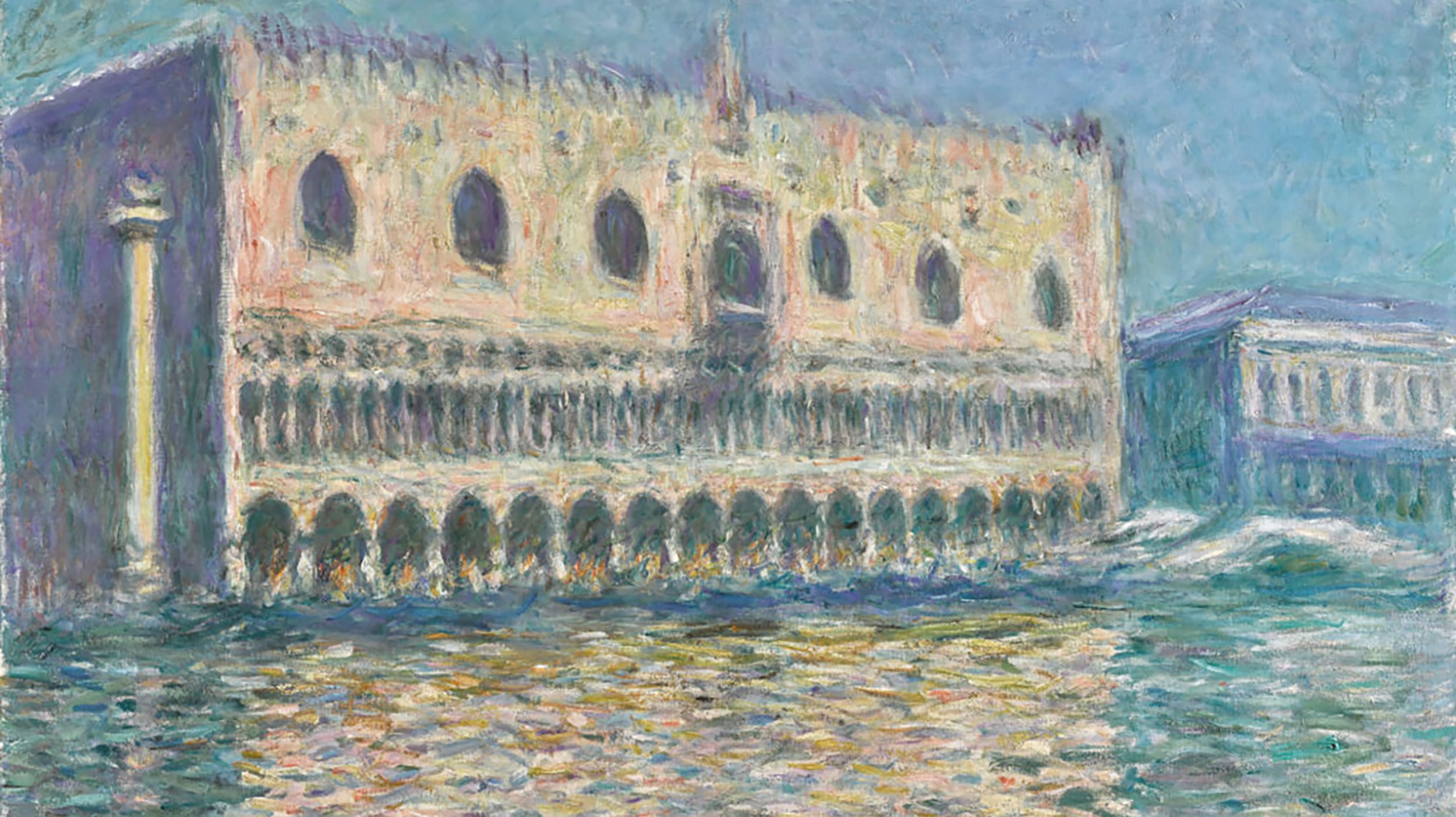 Impressionist painting of a grand palace with arches, reflecting on calm water under a clear sky.