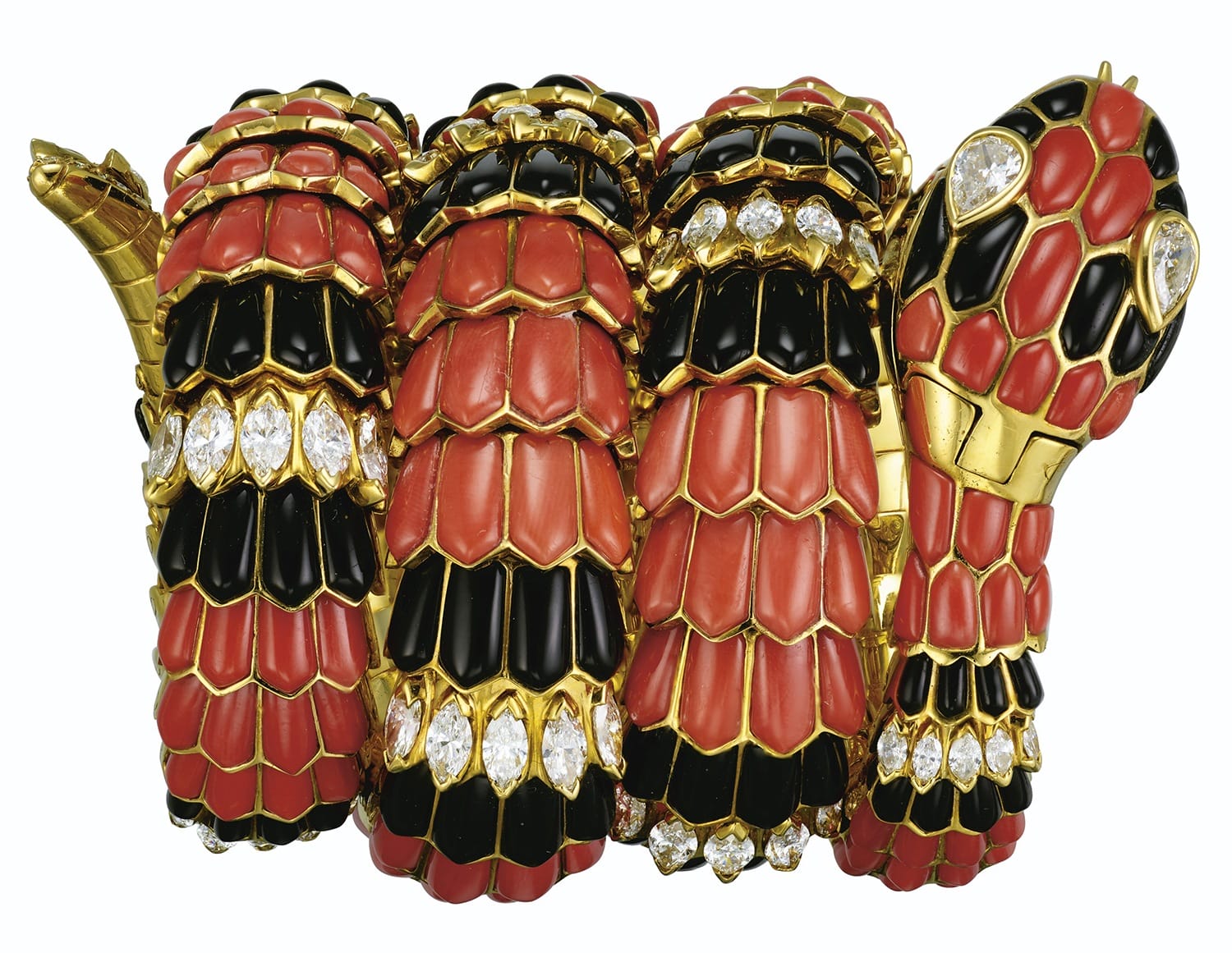 Colorful snake bracelet with red, black, and gold scales, adorned with diamond embellishments, coiled in a detailed design.