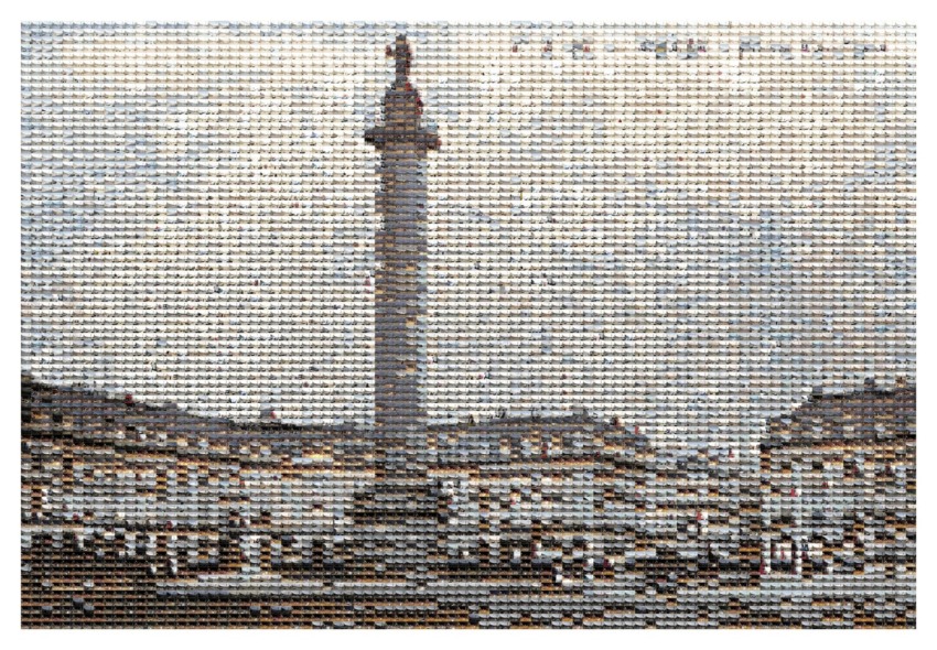 City square with tall column and statue surrounded by historic buildings and people walking.