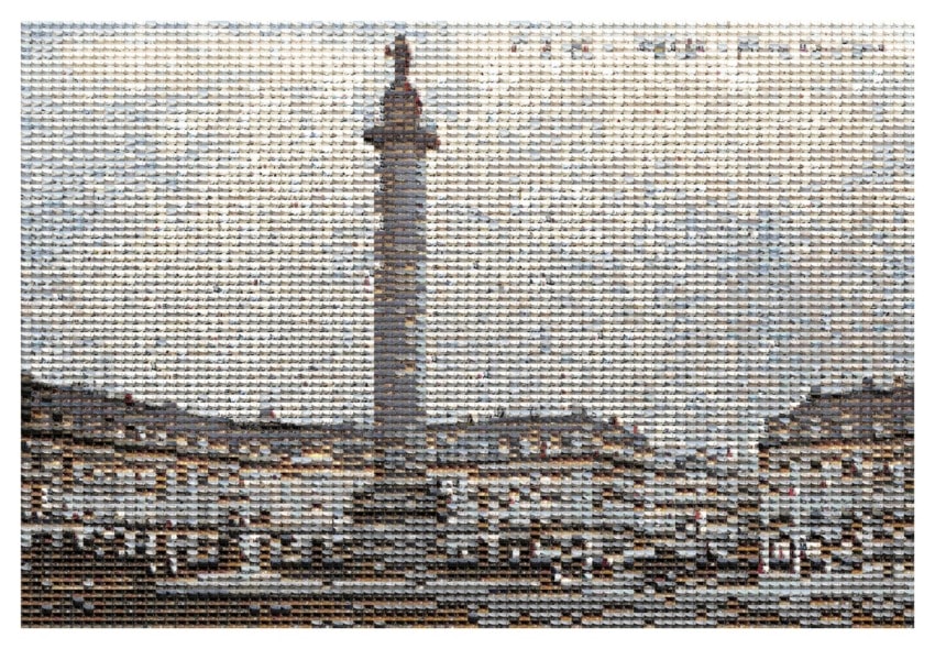 City square with tall column and statue surrounded by historic buildings and people walking.