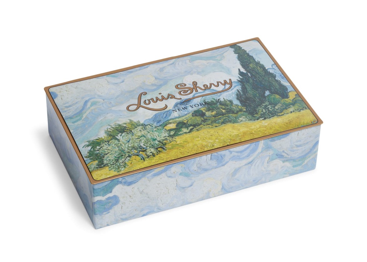 Decorative box with a Van Gogh-inspired landscape design and the text "Louis Sherry New York" on the lid.