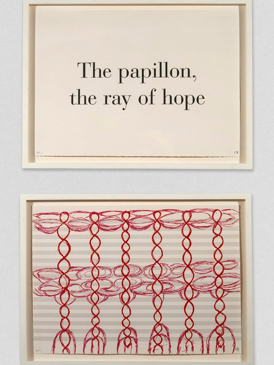 Text artwork with the phrase "The papillon, the ray of hope" above abstract red pattern on striped background.