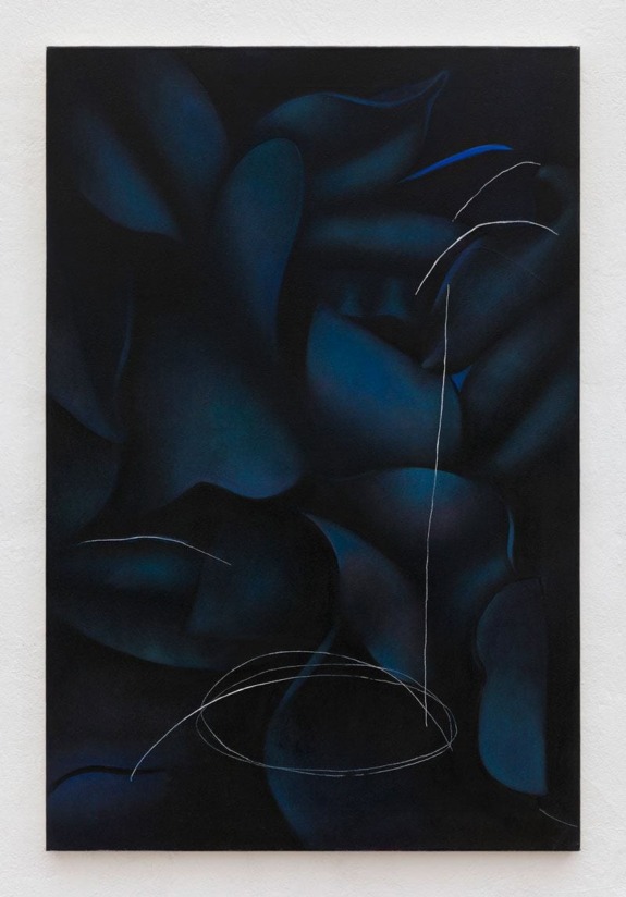 Abstract painting with dark swirling shapes and thin white lines over a black background.