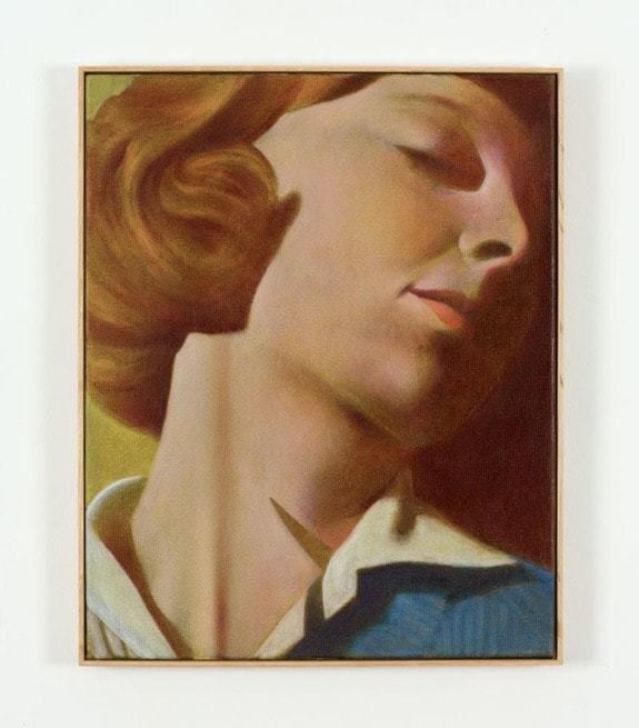 A painting of a woman's head tilted back, eyes closed, with red hair, wearing a blue and white shirt.