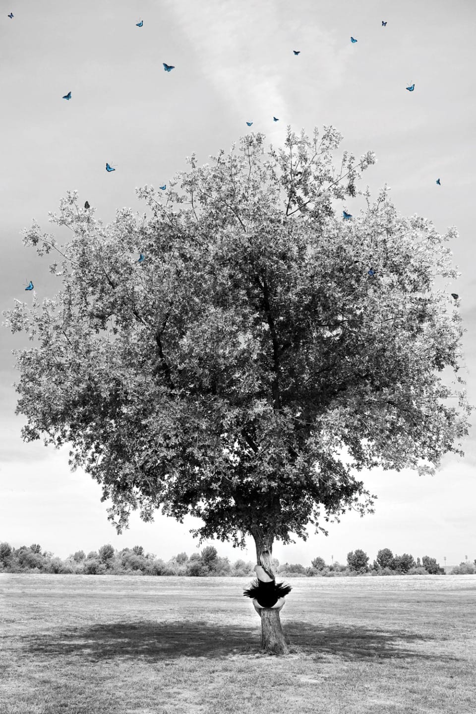 Tree in field with blue butterflies flying above, set against a cloudy sky, creating a serene and artistic scene.