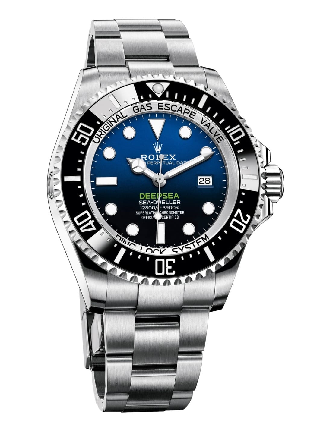 Luxury stainless steel dive watch with blue and black dial, featuring rotating bezel and bracelet strap.