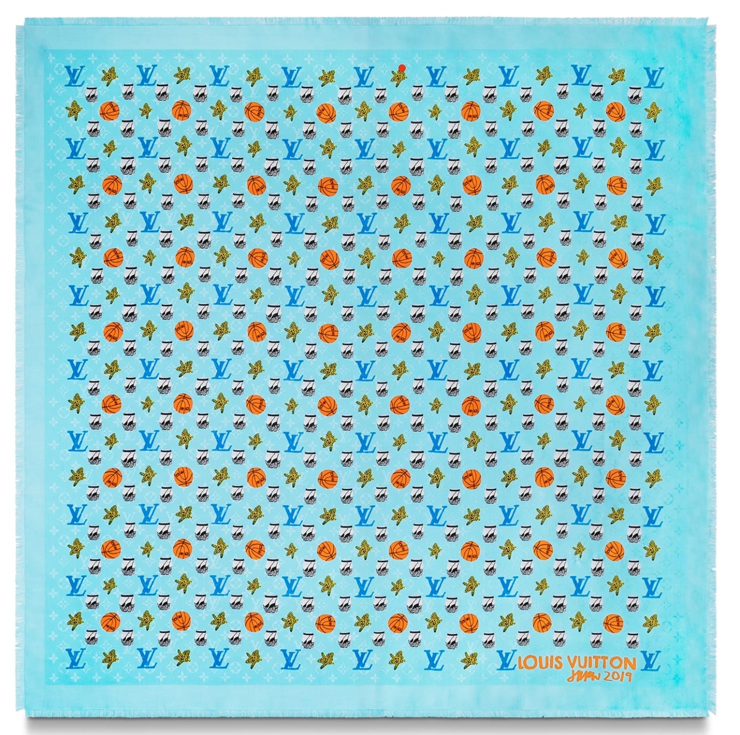 Blue Louis Vuitton scarf with a pattern of multicolored logos and symbols arranged in a grid.