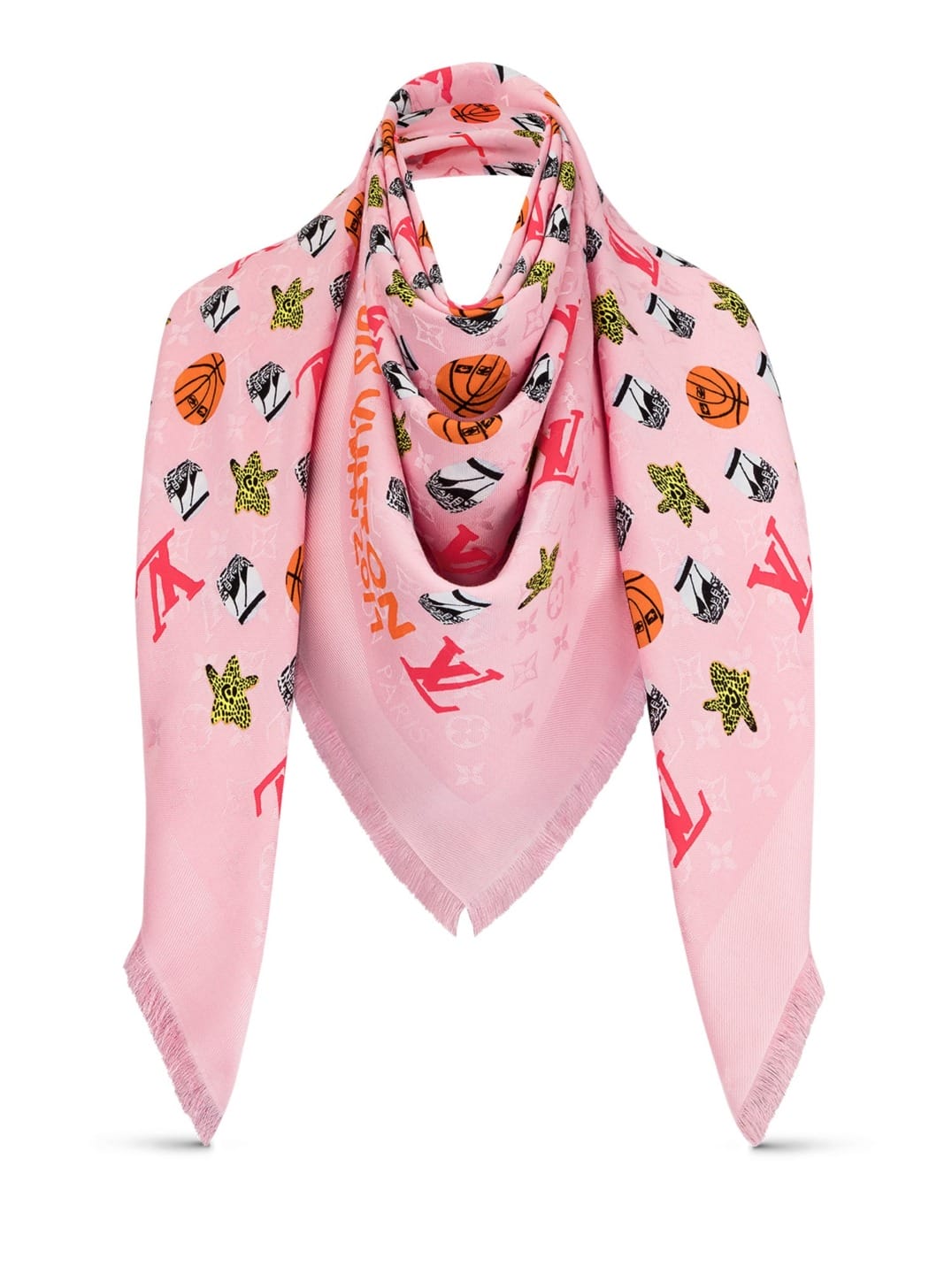 Pink scarf with sports and animal prints, including basketballs and leopard, featuring fringed edges.
