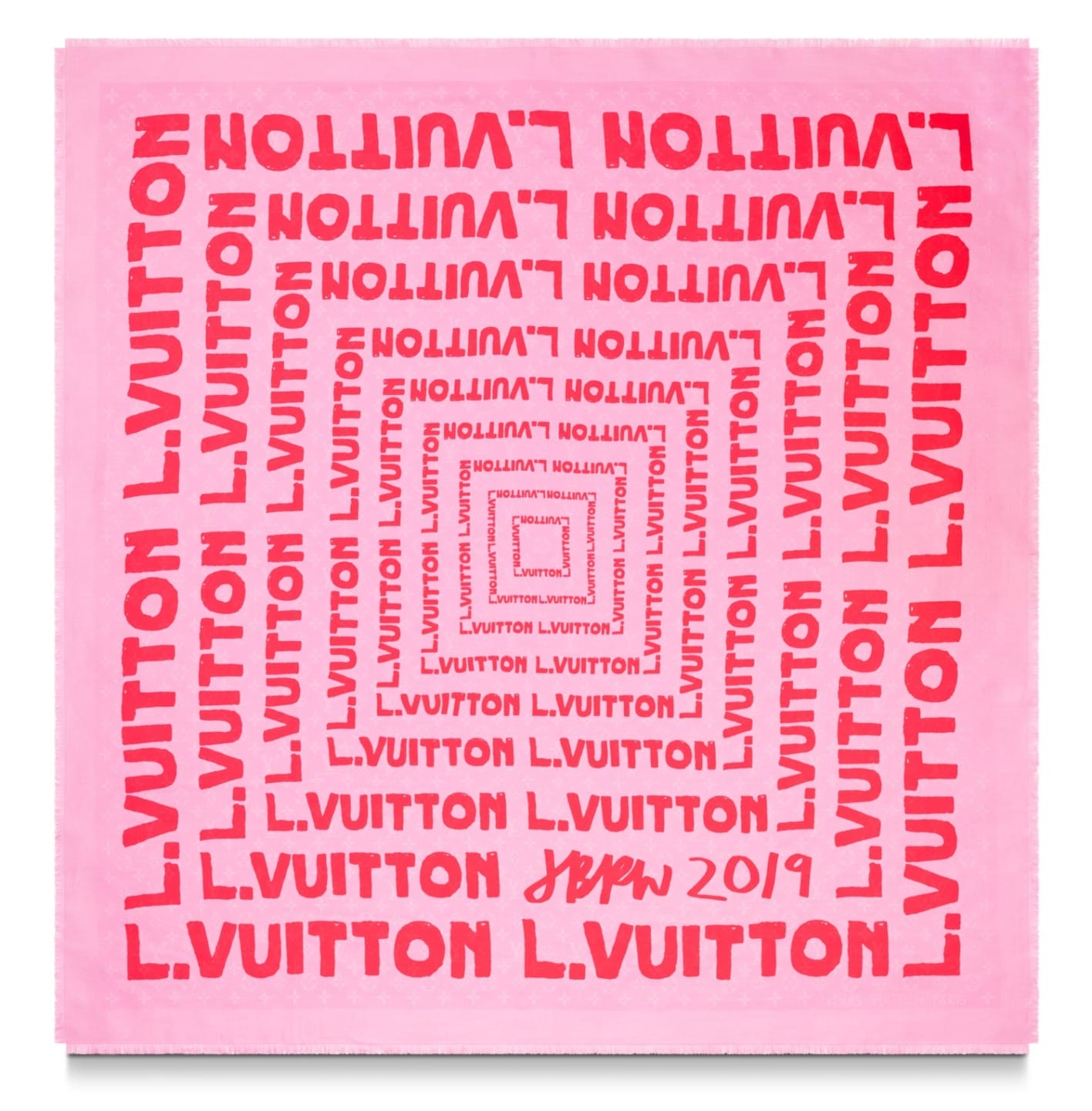 Pink square with L. Vuitton repeated in a spiral pattern, ending with "2019" in the corner.