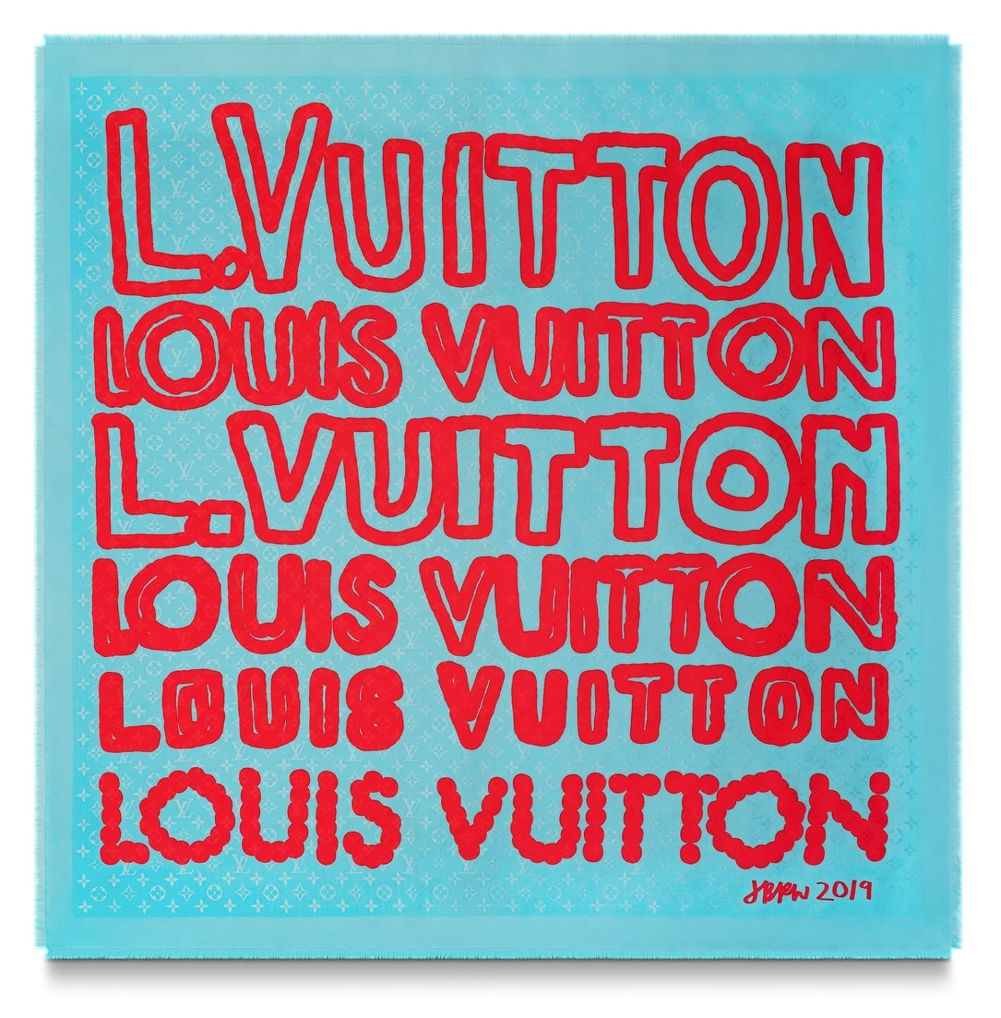 Abstract artwork featuring the text "Louis Vuitton" in bold red lettering on a blue background, created by JAPM in 2019.