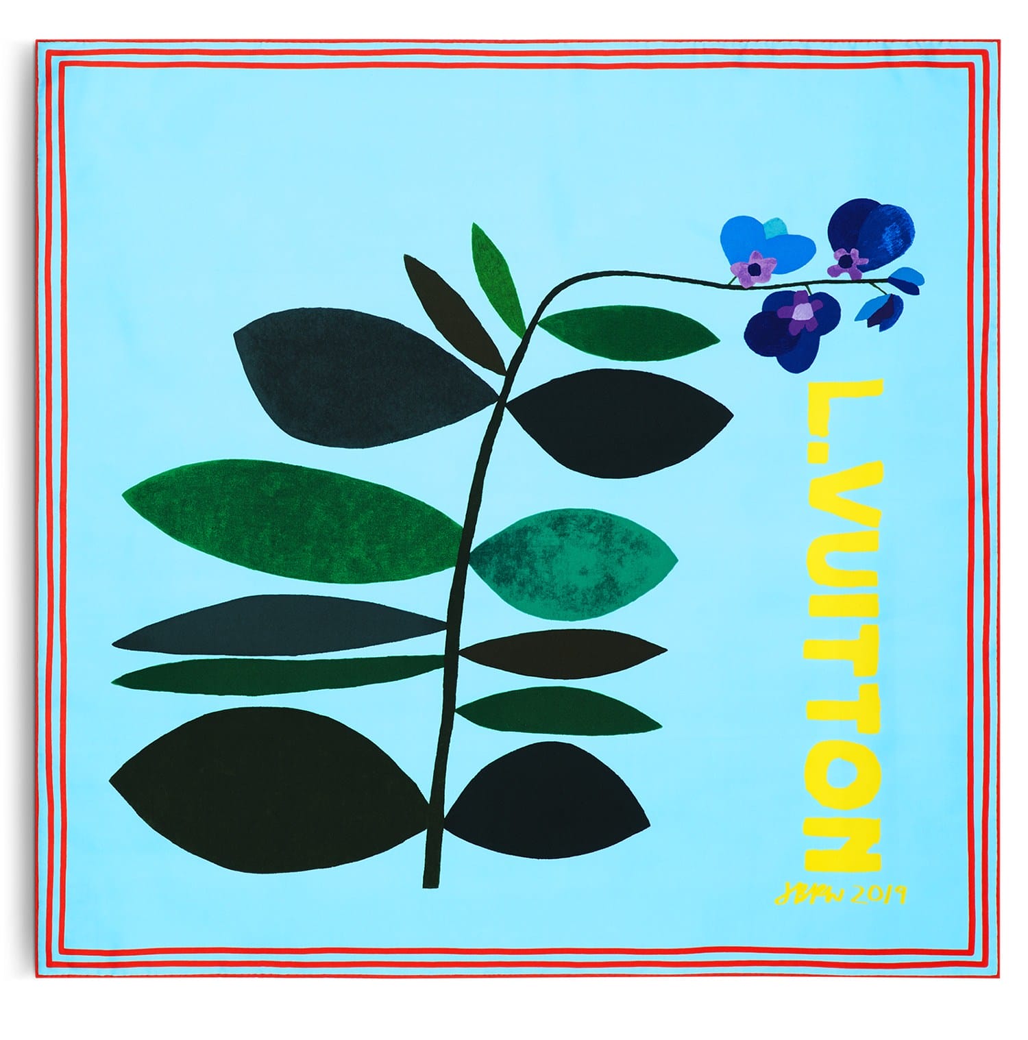 Colorful scarf design featuring a stylized plant with vibrant leaves and flowers on a blue background, labeled L. Vuitton.
