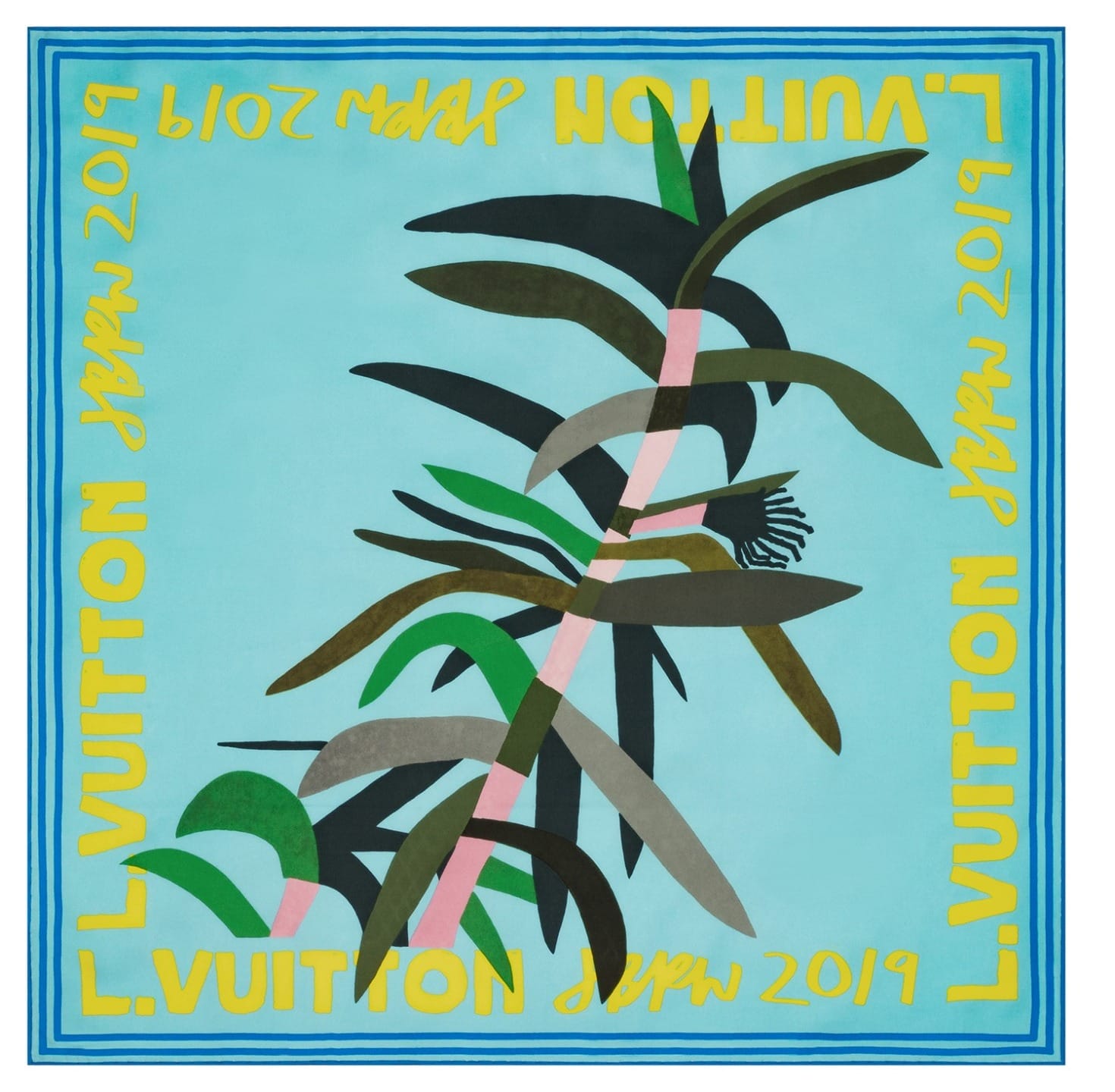Colorful abstract painting with plant shapes and text featuring "L. Vuitton 2019" on a blue background.