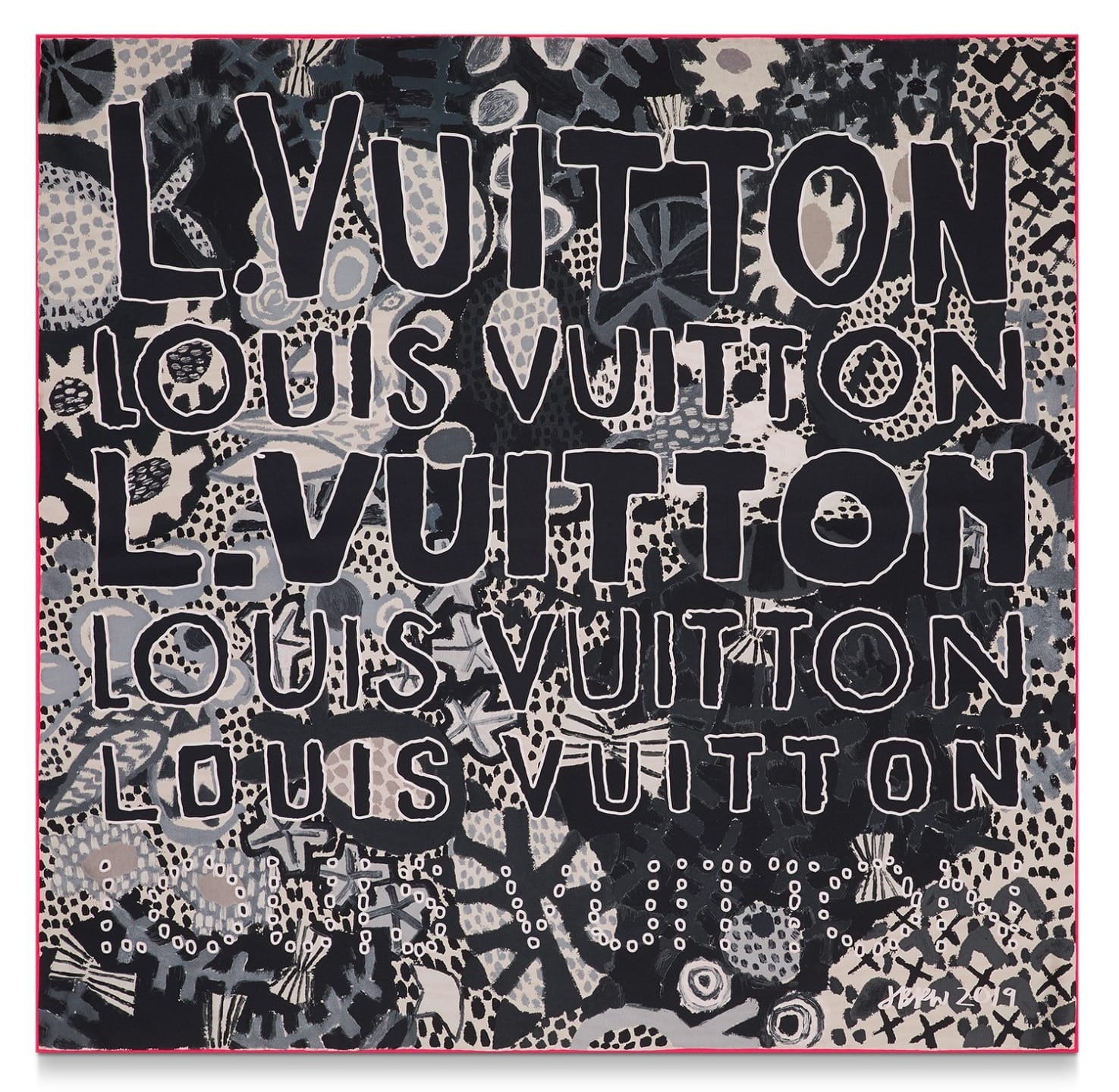Patterned artwork featuring the repeated text "L. Vuitton" and "Louis Vuitton" in bold, black letters on a textured background.