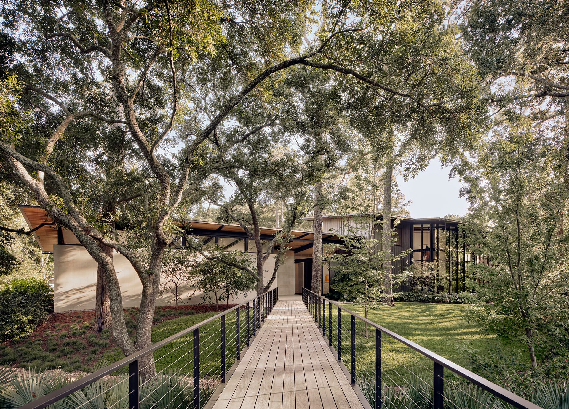 Modern house exterior with a wooden walkway surrounded by lush green trees and a manicured lawn.