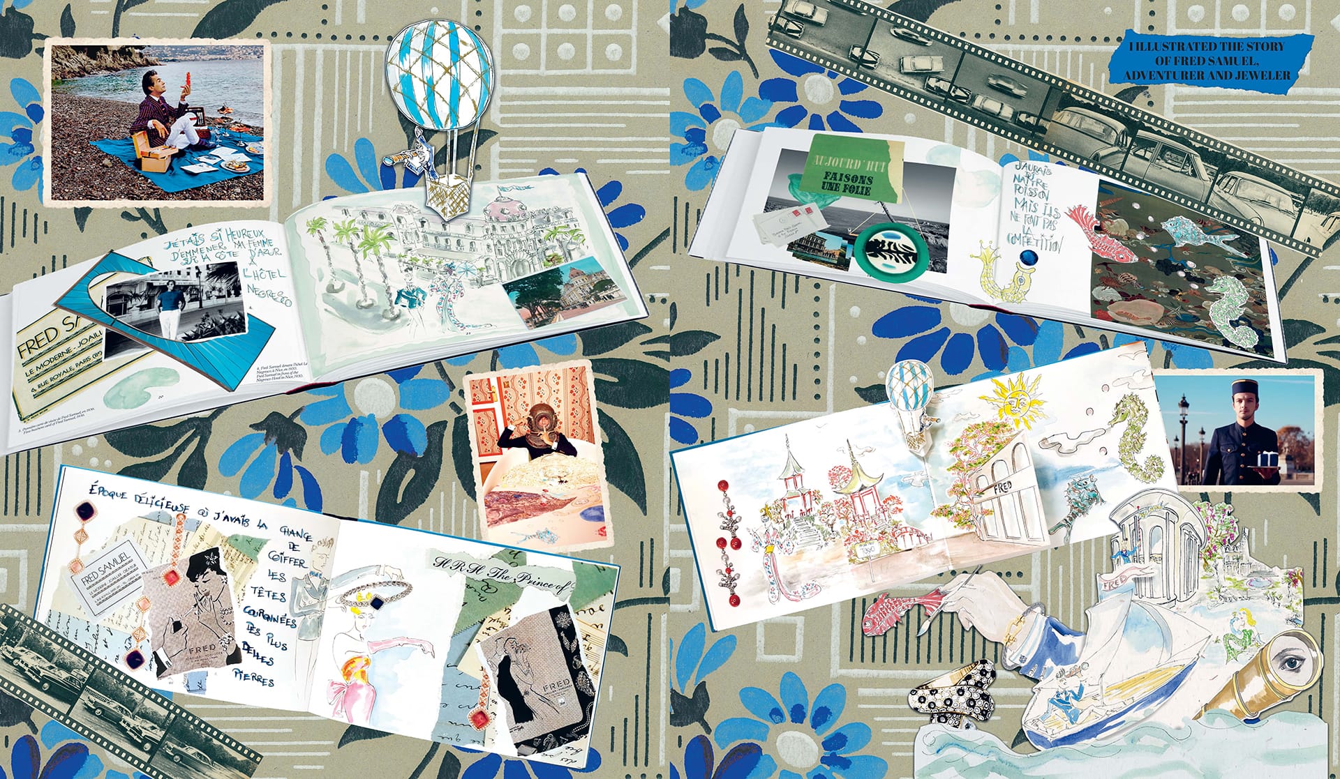 A collage of illustrated books, a hot air balloon, and various artistic elements on a floral-patterned background.