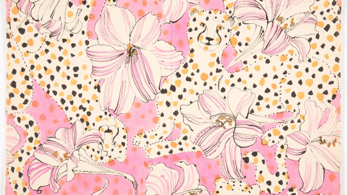 Floral pattern with pink lilies and scattered leopard print spots on a white background.
