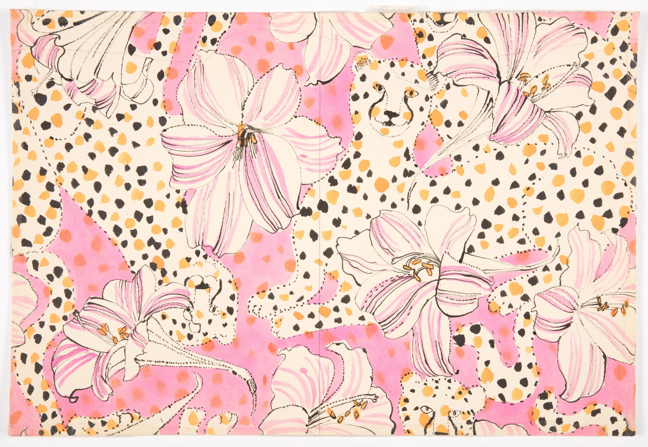 Floral pattern with pink lilies and scattered leopard print spots on a white background.