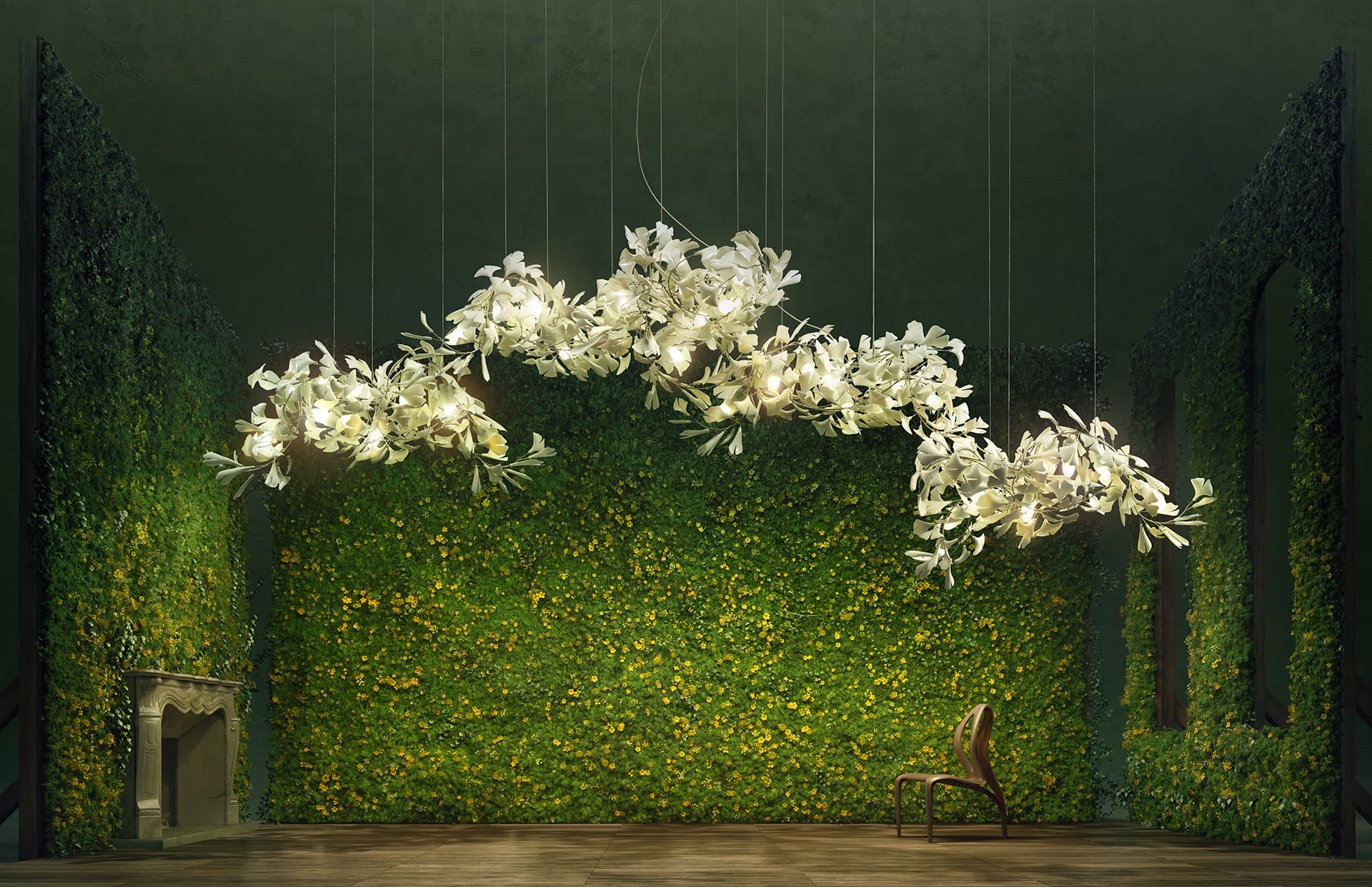 Elegant room with leafy green walls, ceiling-mounted white flower chandelier, and a single chair on a wooden floor.