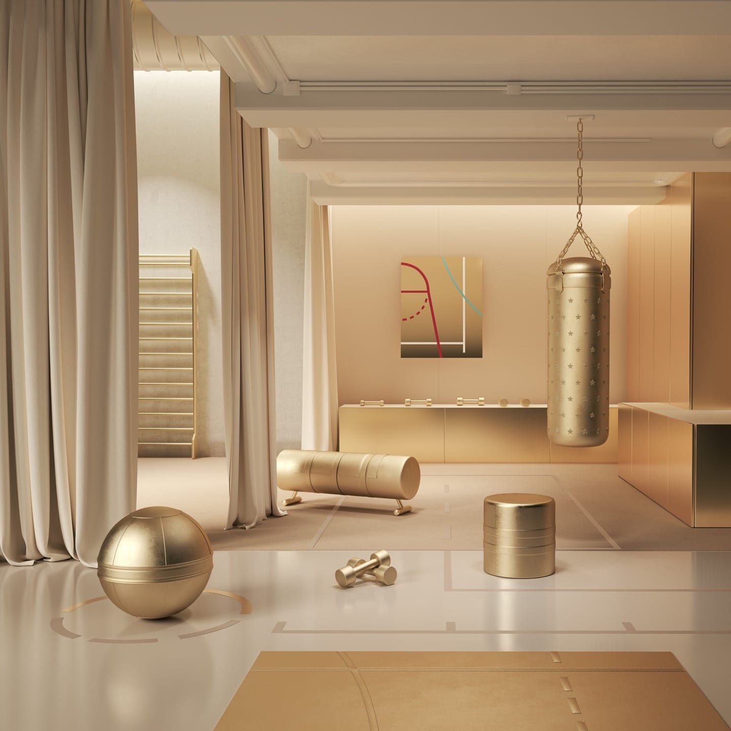 Luxurious home gym with golden exercise equipment, including a punching bag, gym ball, and weights, in an elegant setting.