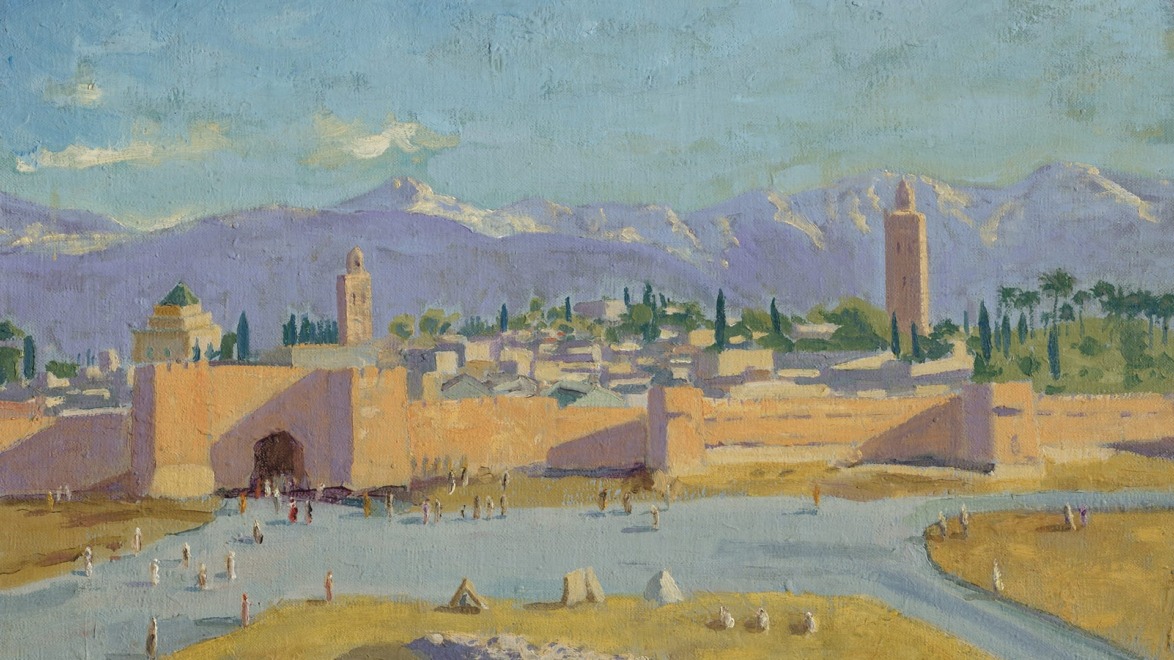Colorful painting of a Moroccan cityscape with distant snow-capped mountains and a vibrant sky.