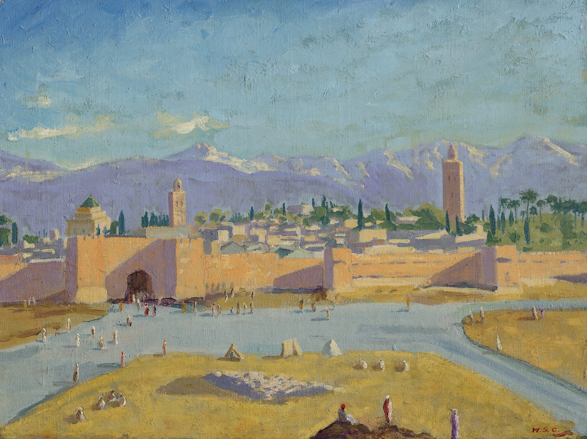 Colorful painting of a Moroccan cityscape with distant snow-capped mountains and a vibrant sky.