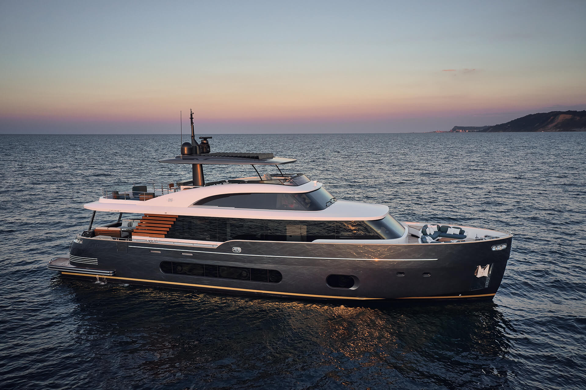 Luxury yacht sailing on calm ocean waters at sunset with colorful sky in the background.