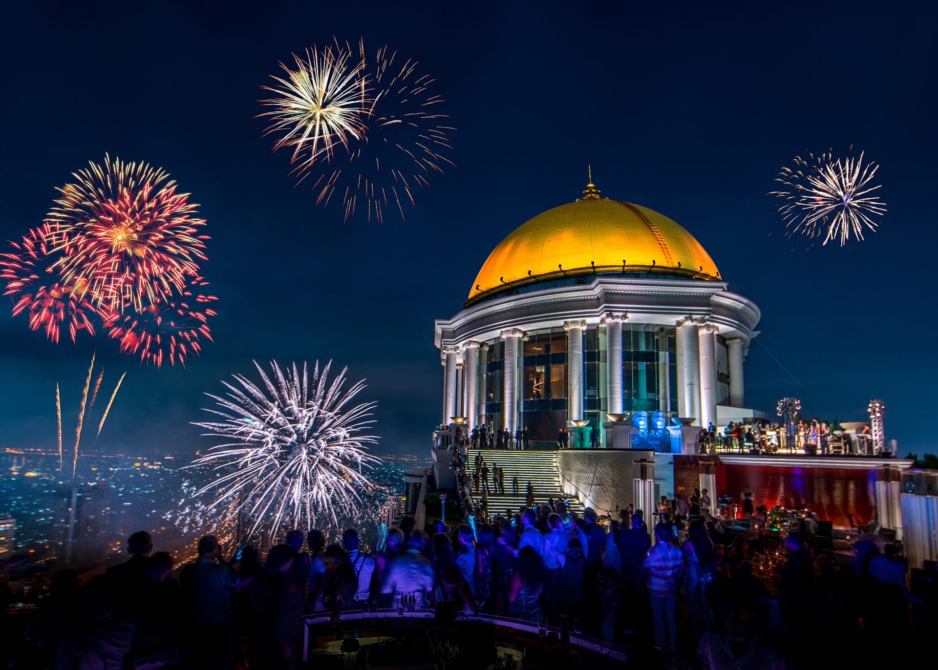 View of the New Year's Eve fireworks at the rooftop Sky Bar at Lebua in Bangkok.