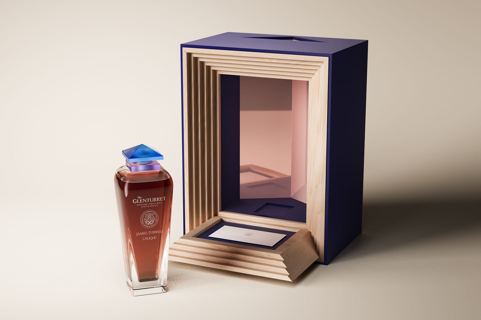 Luxury perfume bottle with a pyramid-shaped cap beside a wooden box with blue accents on a light background.
