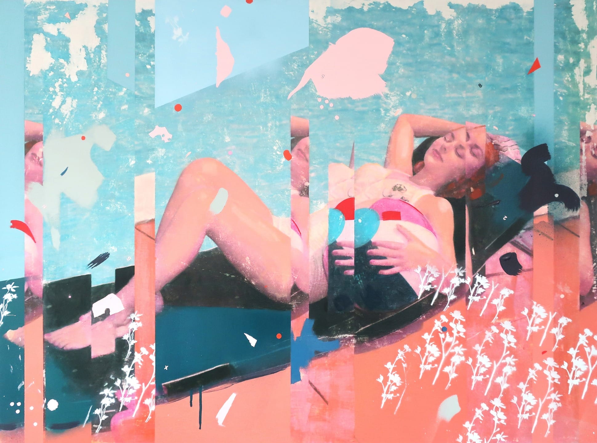 Abstract painting of a woman reclining with vibrant colors and fragmented patterns in a dreamy, surreal style.