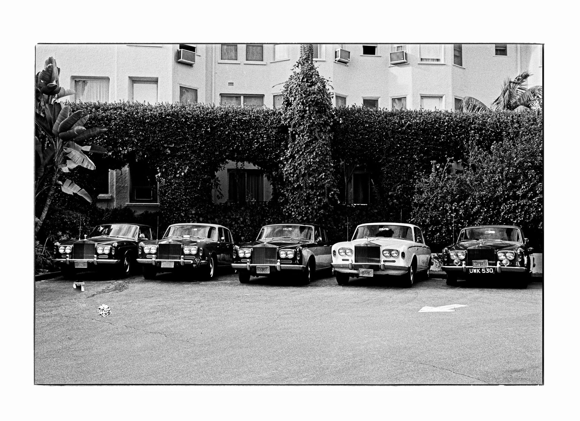 Black and white photo of six vintage cars parked in a row against a background of foliage and a building.