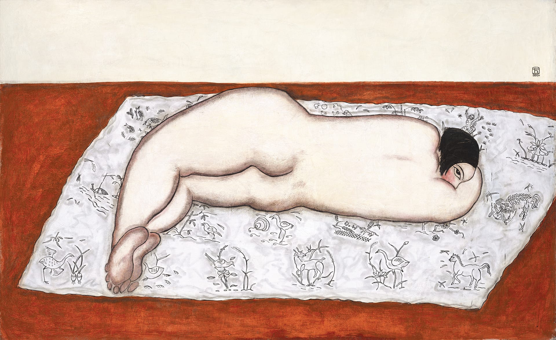 Nude figure lying on a patterned rug with a red background, showcasing a blend of natural and artistic elements.