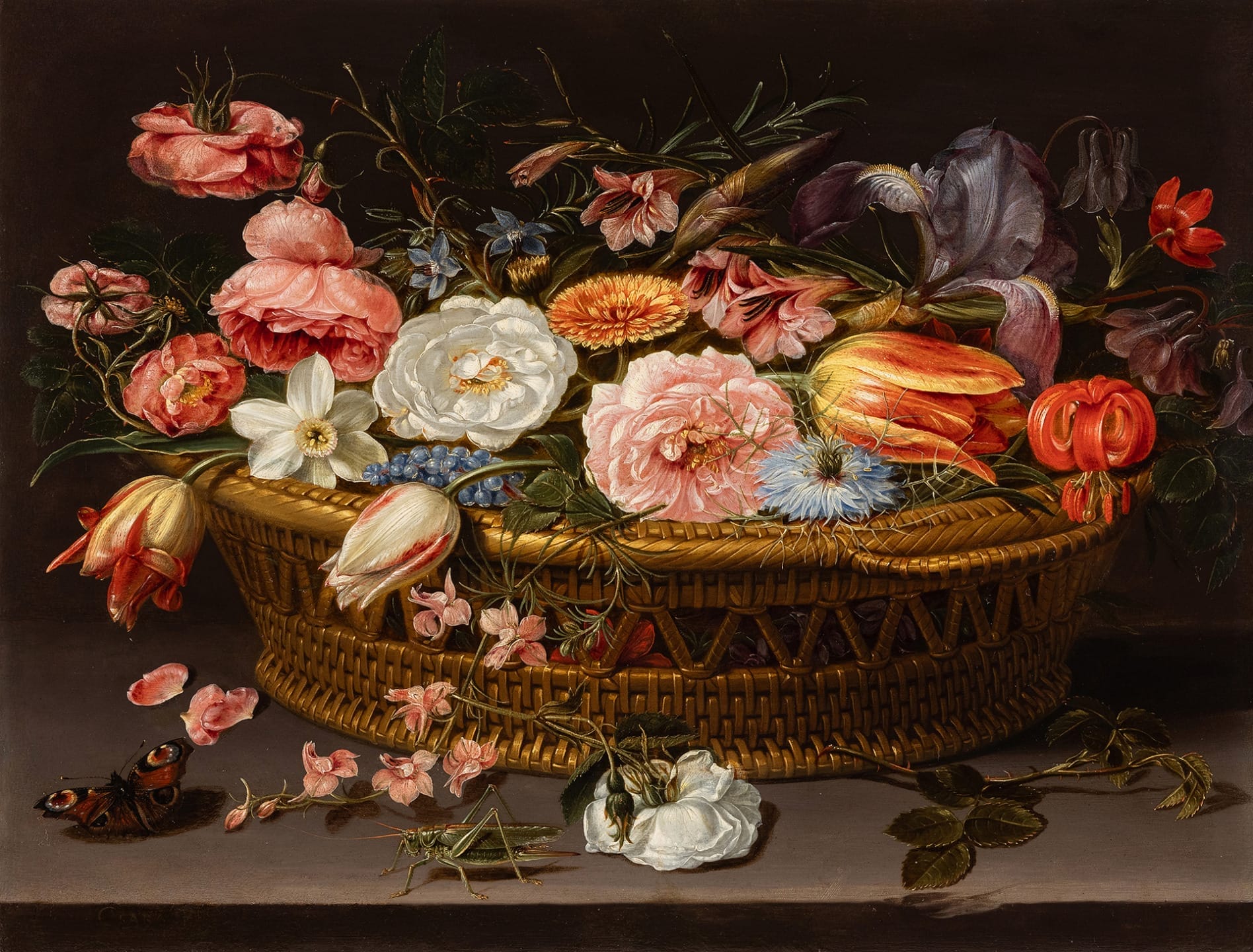 Basket filled with various colorful flowers including roses, tulips, and irises, with a butterfly and grasshopper nearby.