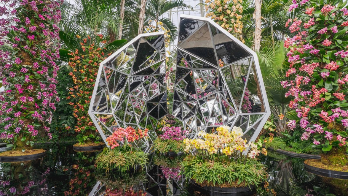 Geometric sculpture surrounded by colorful orchids and lush greenery in a botanical garden setting.