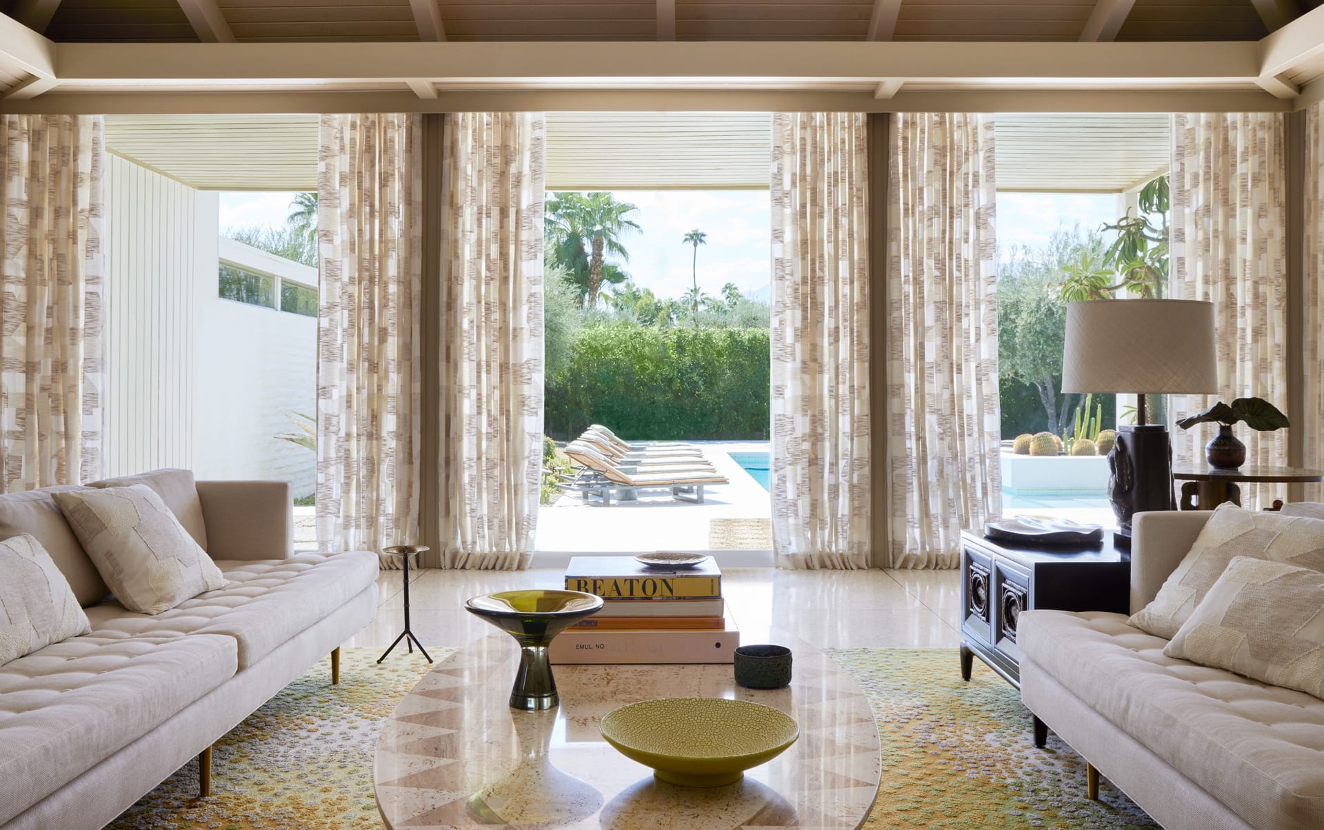Custom drapery made from the Martyn Lawrence Bullard Collection for The Shade Store, photographed at the famed Abernathy house in California.