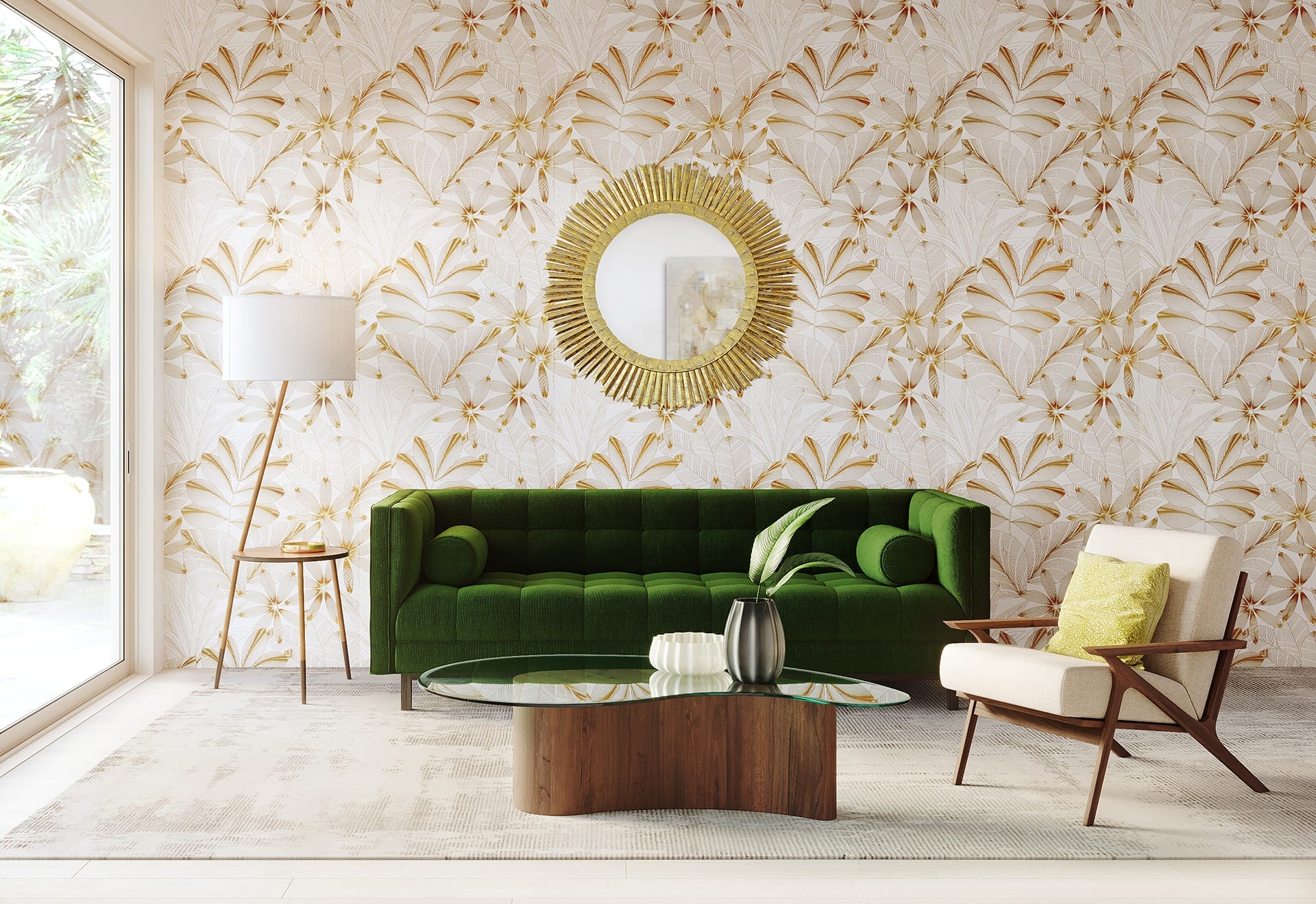 Modern living room with green sofa, round mirror, stylish wallpaper, floor lamp, glass coffee table, and armchair.
