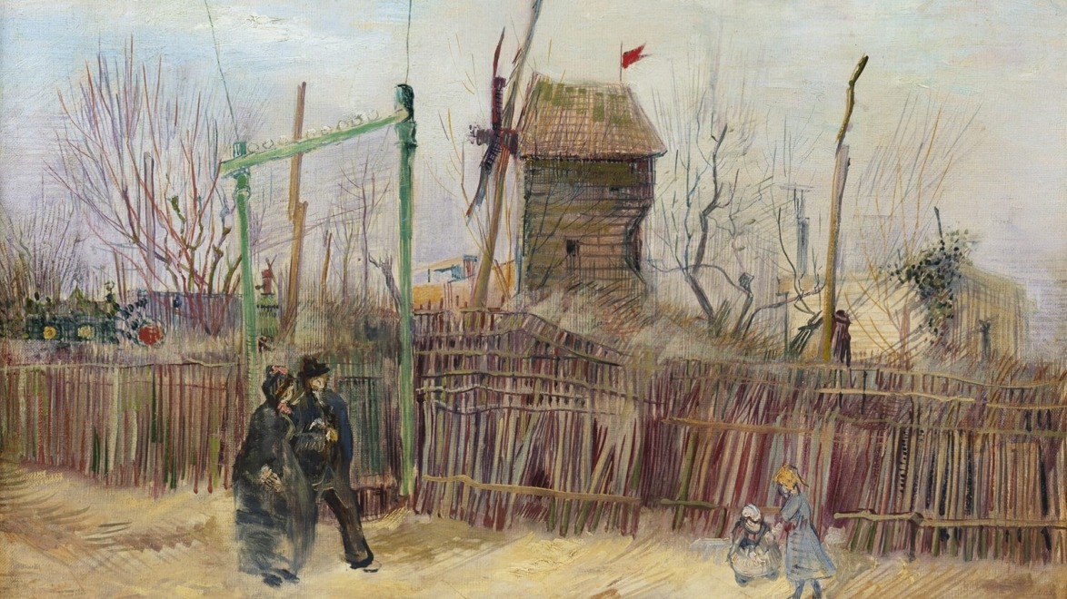 Painting of a rustic windmill scene with people walking by and a child playing, featuring soft tones and a serene atmosphere.
