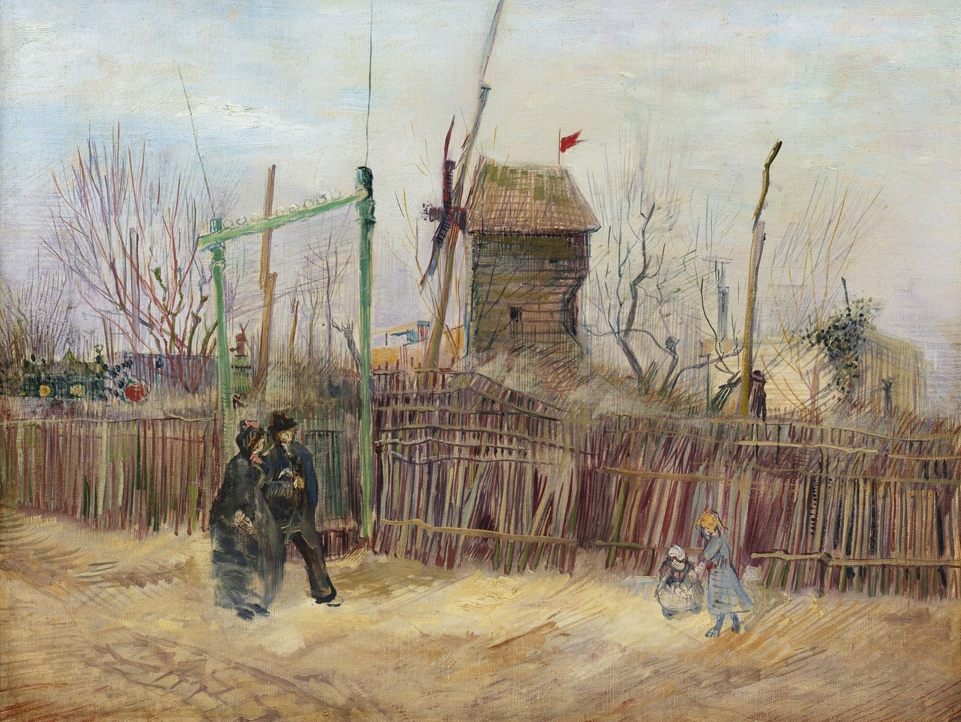 Painting of a rustic windmill scene with people walking by and a child playing, featuring soft tones and a serene atmosphere.