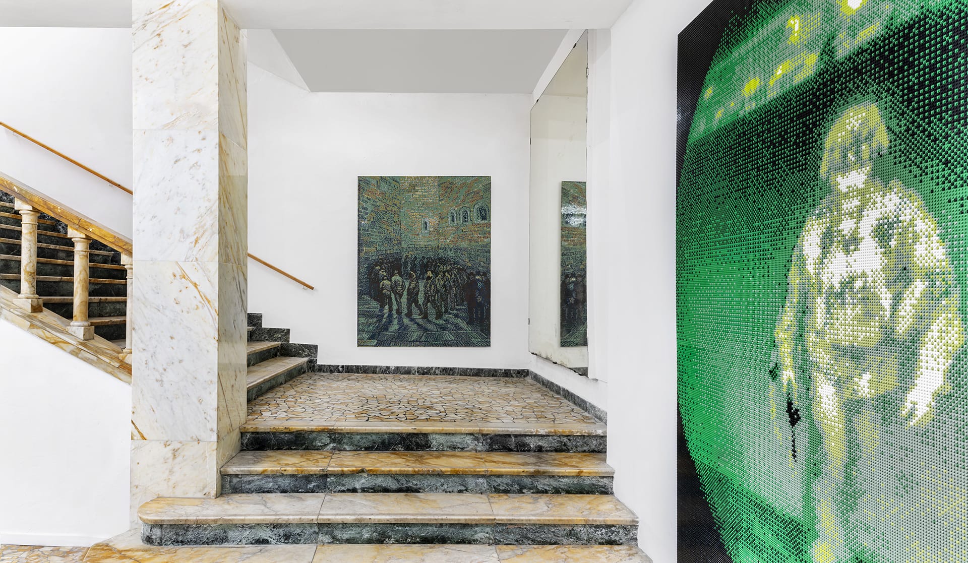 Staircase with marble accents, paintings on walls featuring soldiers, and a modern green digital art piece on the right.