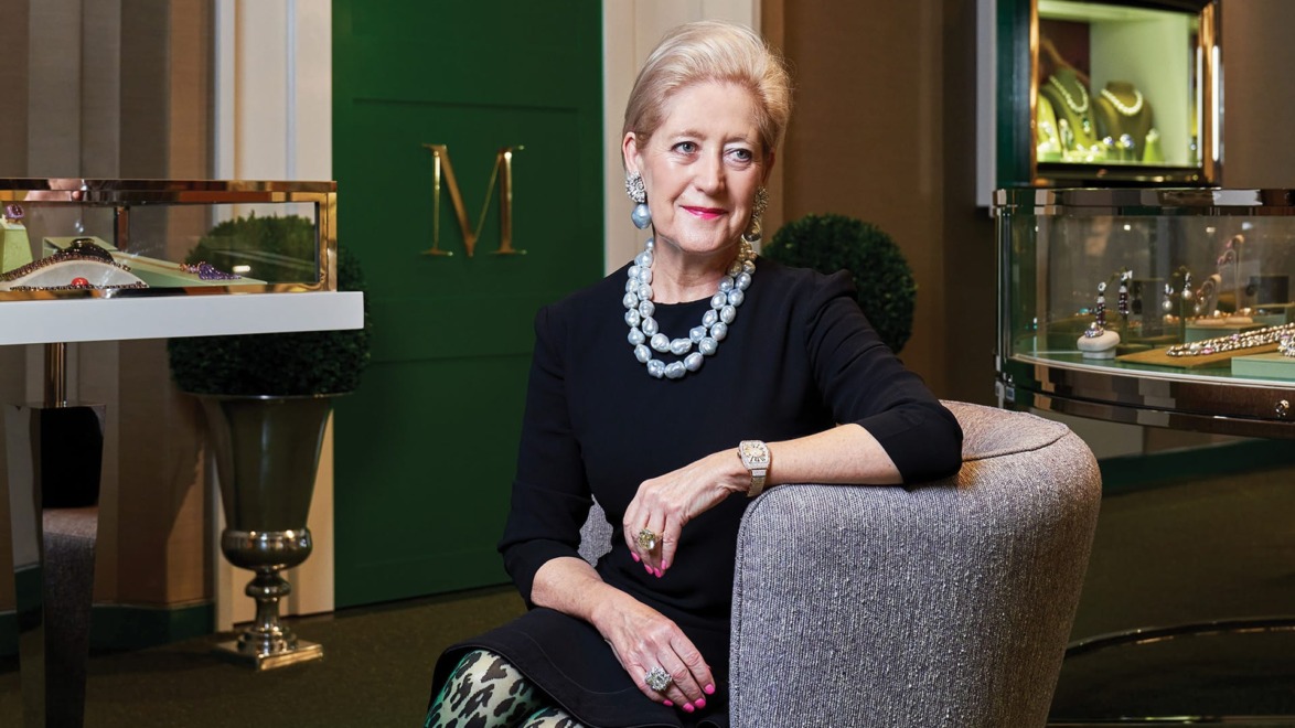 Margot McKinney, whose jewelry includes the Coral collier, featuring grand Australian South sea baroque pearls, and Lorikeet tourmaline pearl earrings.