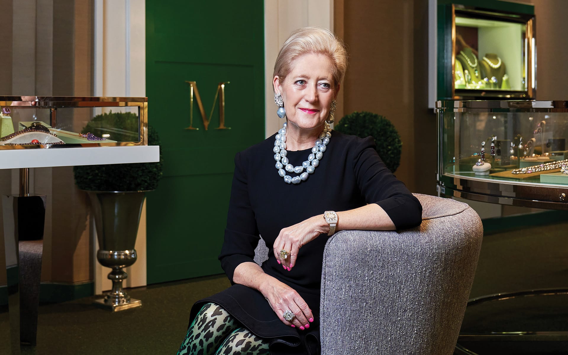 Margot McKinney, whose jewelry includes the Coral collier, featuring grand Australian South sea baroque pearls, and Lorikeet tourmaline pearl earrings.