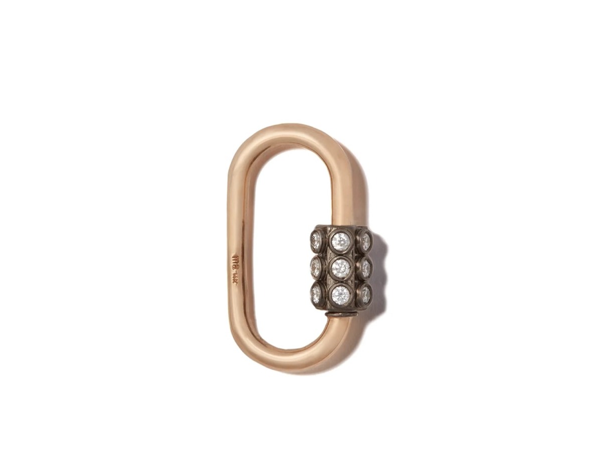 Rose gold oval carabiner with textured silver clasp adorned with small white gemstones on a white background.