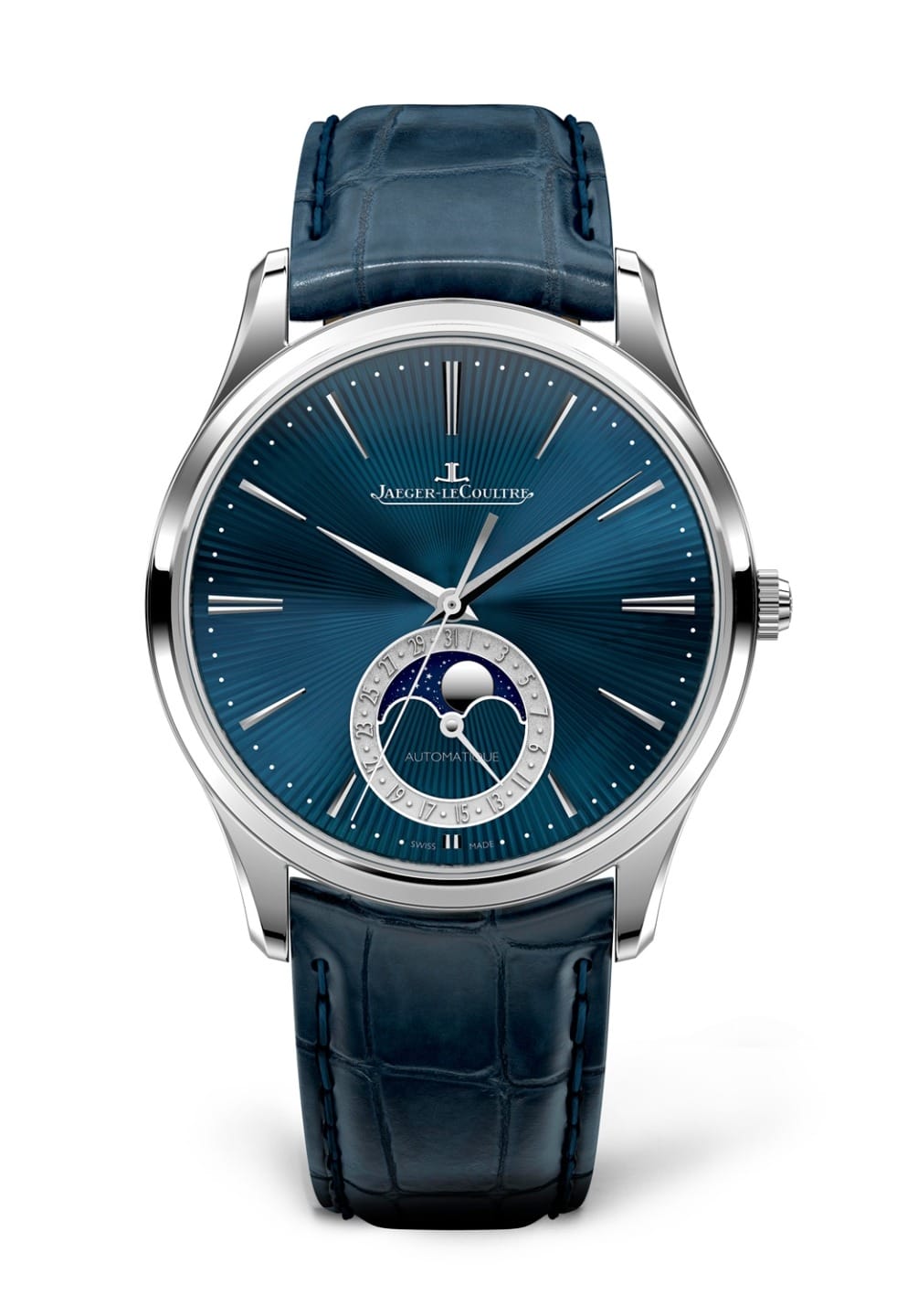 Luxury wristwatch with blue dial and leather strap displaying a moon phase complication.
