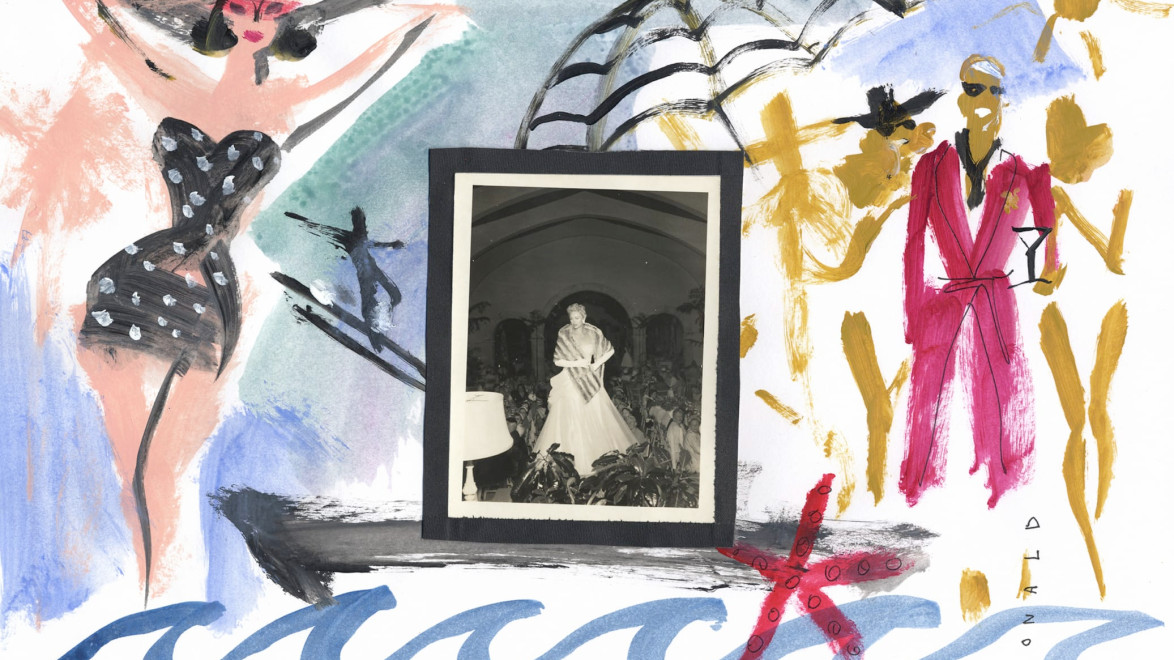 Colorful fashion illustration with a retro photo of a woman in a dress, featuring bold strokes and vibrant figures.