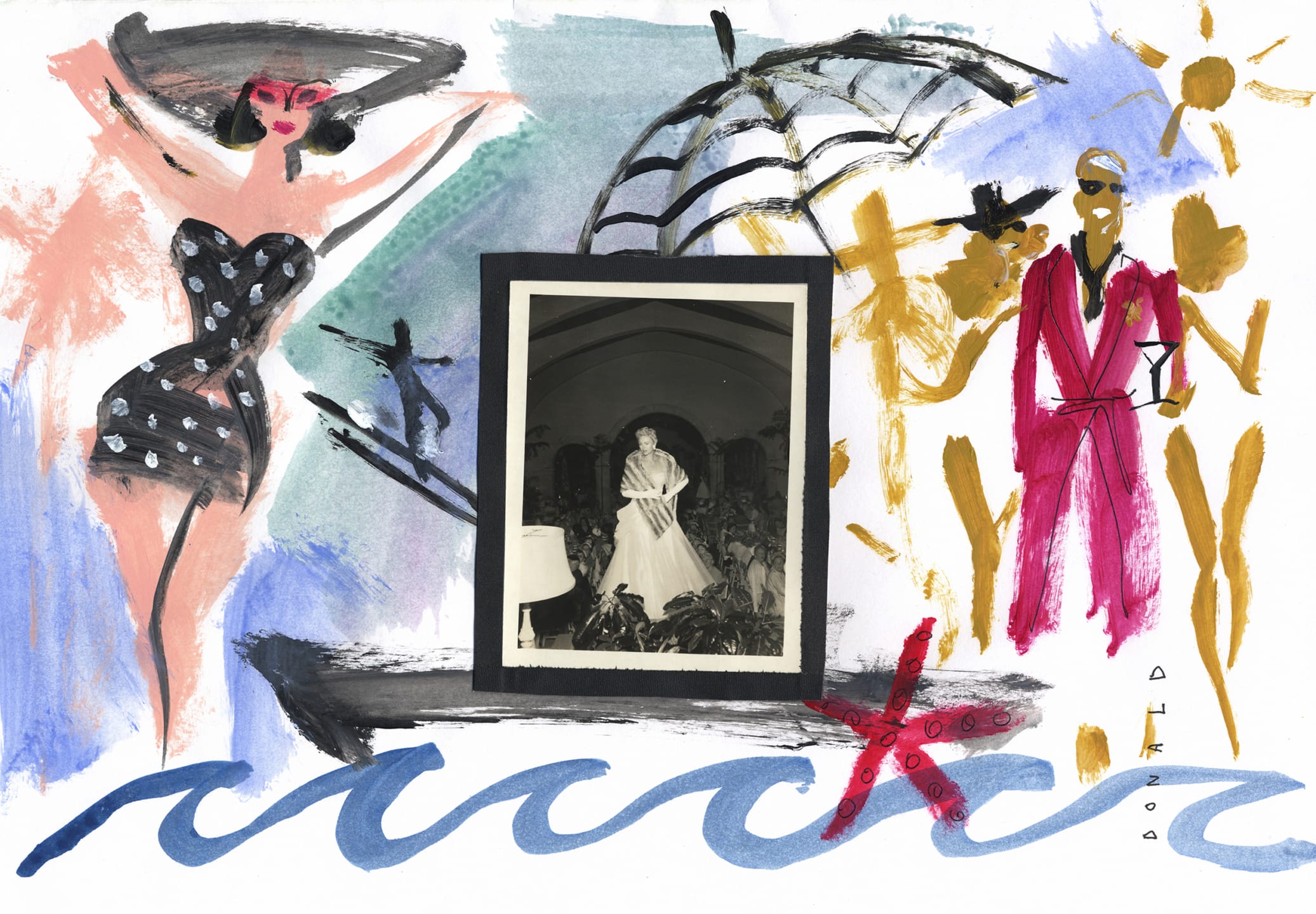 Colorful fashion illustration with a retro photo of a woman in a dress, featuring bold strokes and vibrant figures.