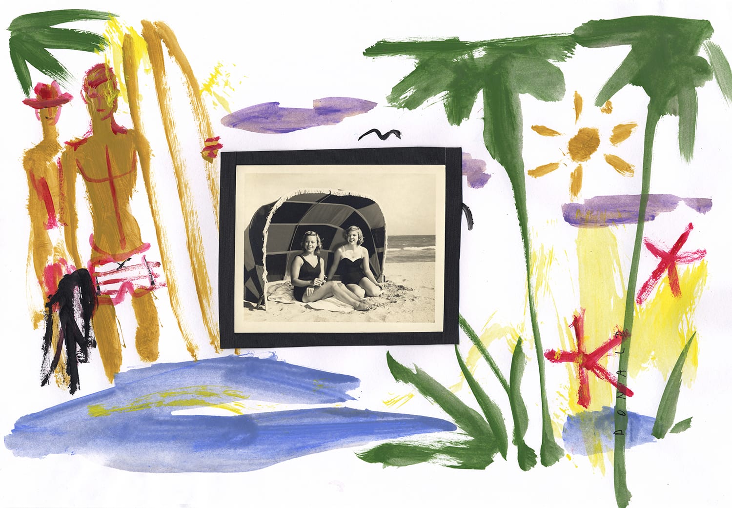 Vintage beach photo with painted palm trees, two figures, and ocean scenery in a colorful, artistic frame.