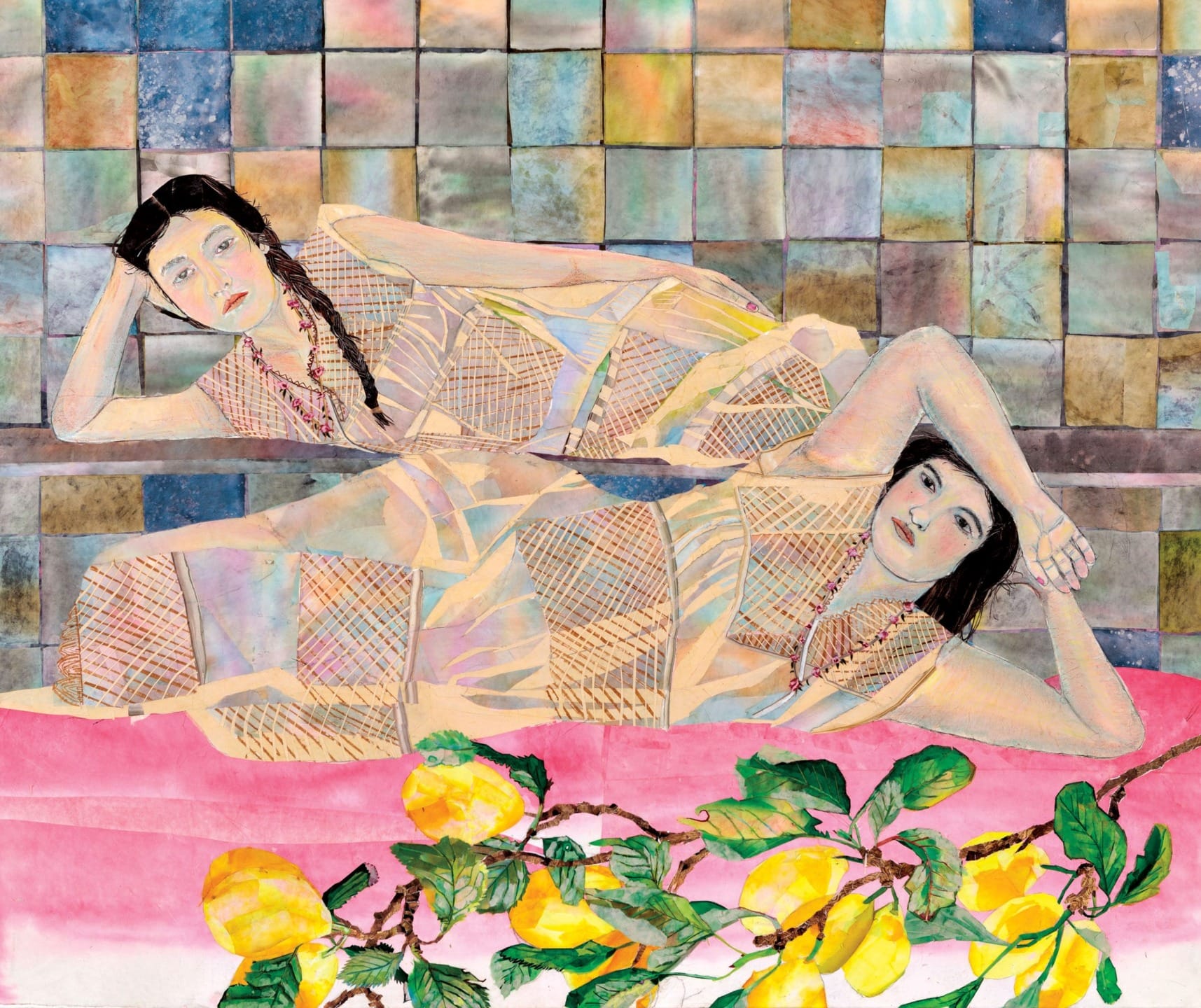 Two women in patterned dresses reclining on a vibrant background with lemons, set against a colorful tiled wall.