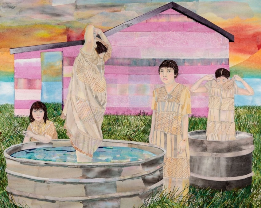 Four women in patterned dresses standing in and near water tanks with a pink house in the background and a colorful sky.