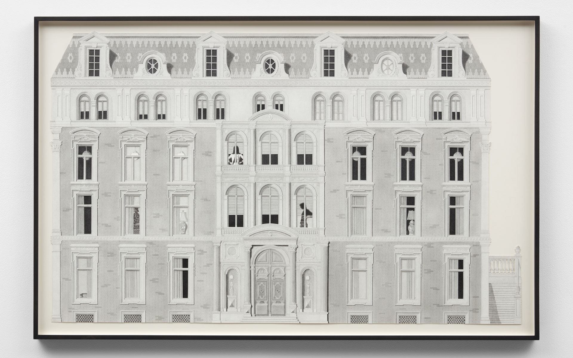 Illustration of an ornate, multi-story building with symmetrical windows and detailed architectural elements.
